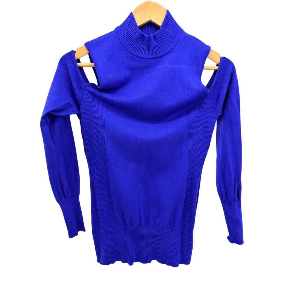Cache Royal Blue Cold Shoulder Mock Neck Sweater Cutout Ribbed Knit Pullover L